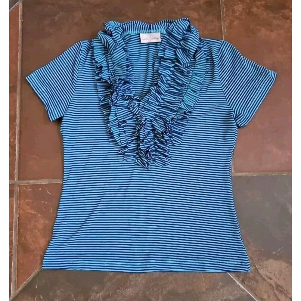Soft Surroundings Womens Top Blue Stripes Small Ruffles Short Sleeve